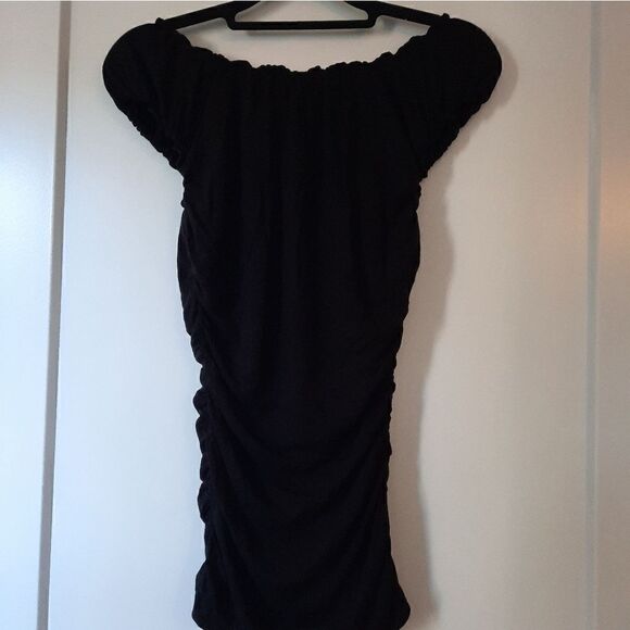 Max Studio Cap Sleeve Square Neck Ruched Ruffle Top Black - Picture 11 of 16